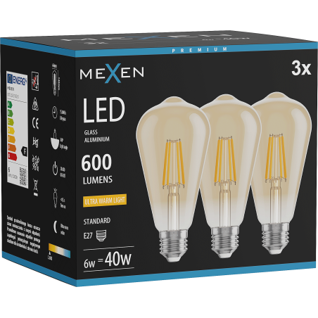 Mexen Vintis 3x žárovka filament LED E27, ST64, 6W, Teplá - 2200K, 600 lm, amber - L152-E27-0622-50x03