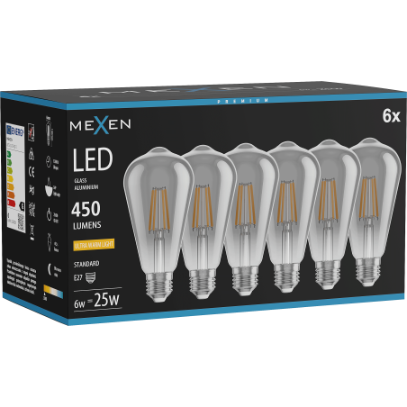 Mexen Vintis 6x žárovka filament LED E27, ST64, 6W, Teplá - 2200K, 450 lm, kouřová - L152-E27-0622-70x06
