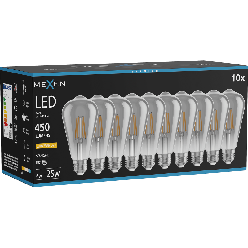 Mexen Vintis 10x LED žárovka filament E27, ST64, 6W, Teplá - 2200K, 450 lm, kouřová - L152-E27-0622-70x10