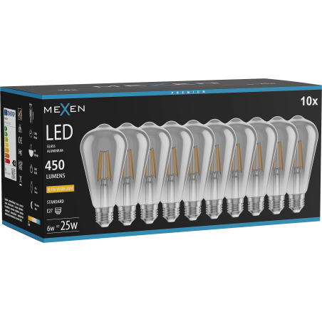 Mexen Vintis 10x LED žárovka filament E27, ST64, 6W, Teplá - 2200K, 450 lm, kouřová - L152-E27-0622-70x10