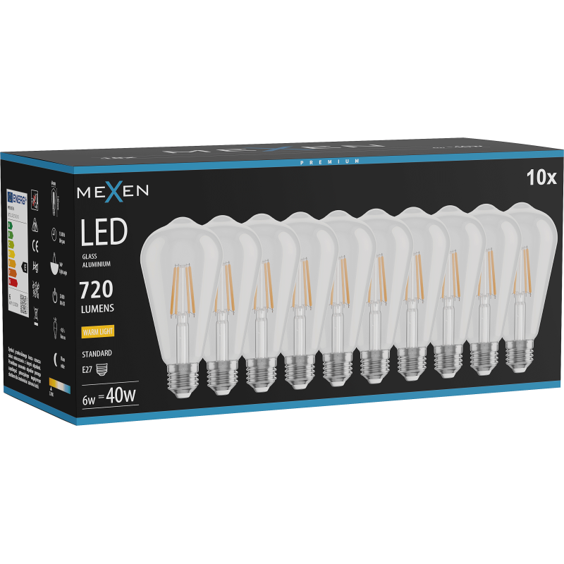 Mexen Vintis 10x LED žárovka filament E27, ST64, 6W, Teplá - 2700K, 720 lm, čirá - L152-E27-0627-00x10