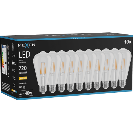 Mexen Vintis 10x LED žárovka filament E27, ST64, 6W, Teplá - 2700K, 720 lm, čirá - L152-E27-0627-00x10