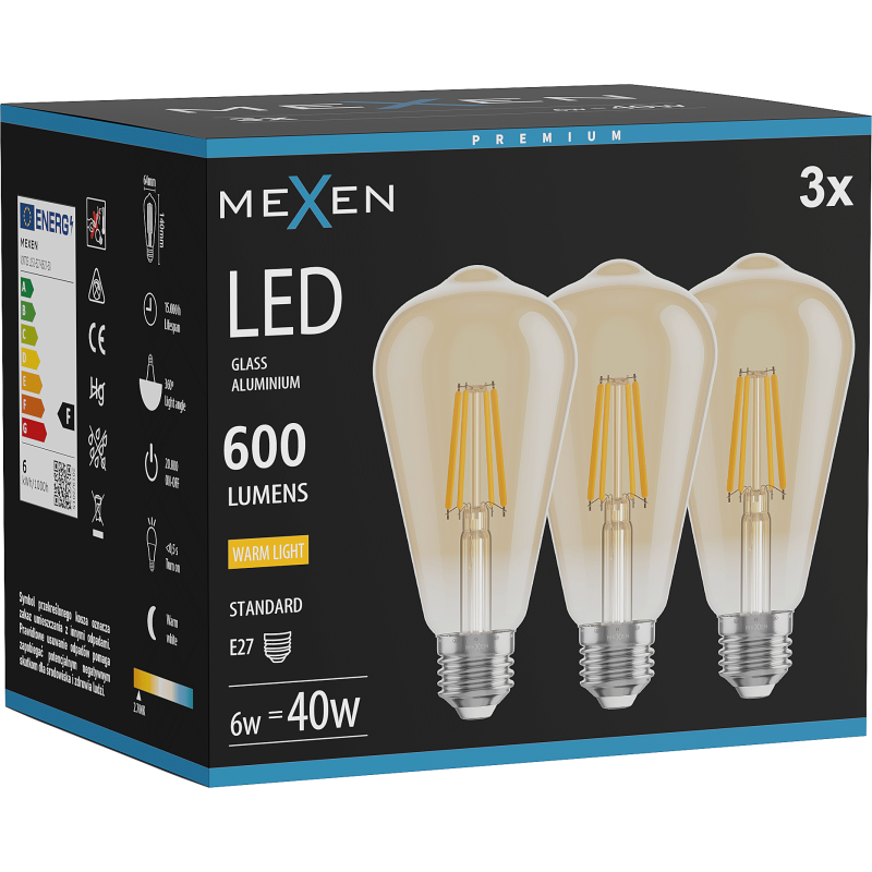 Mexen Vintis 3x LED filamentová žárovka E27, ST64, 6W, Teplá - 2700K, 600 lm, jantarová - L152-E27-0627-50x03