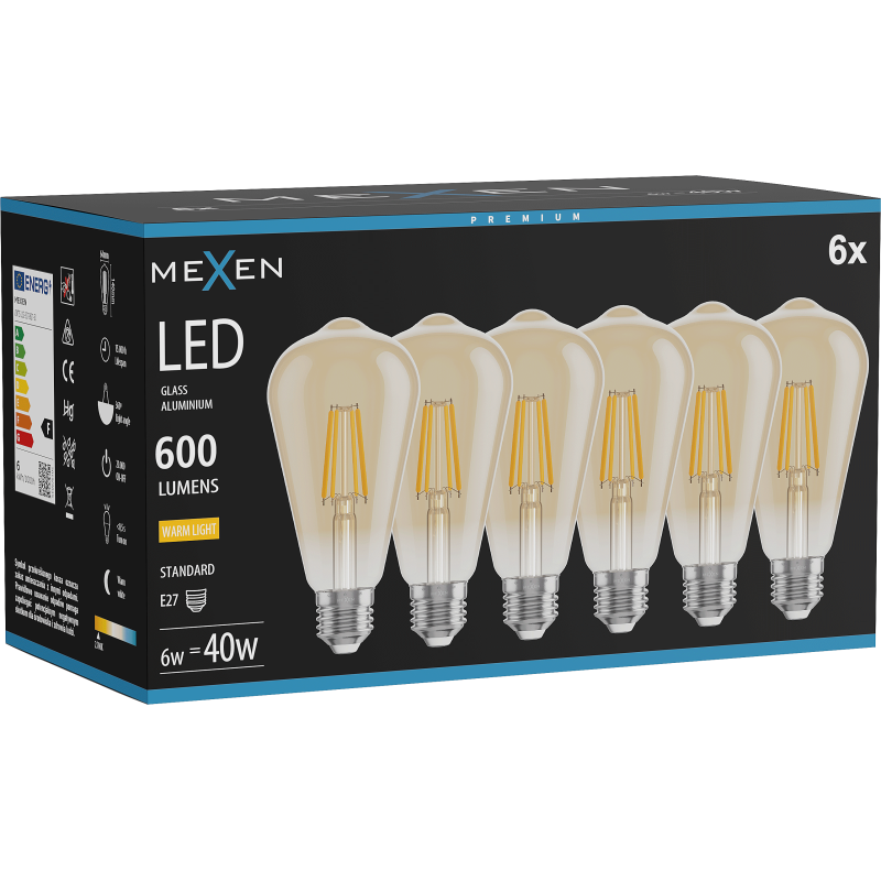 Mexen Vintis 6x žárovka filament LED E27, ST64, 6W, Teplá - 2700K, 600 lm, jantarová - L152-E27-0627-50x06
