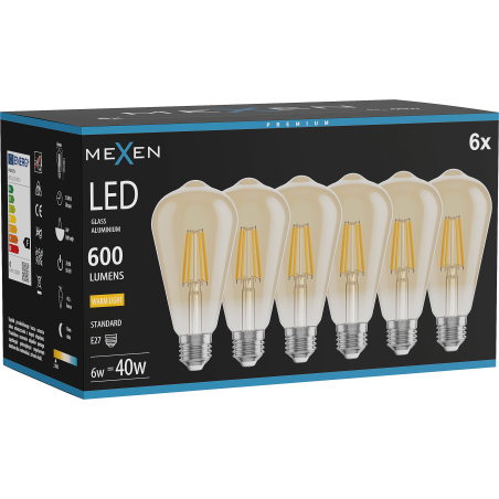 Mexen Vintis 6x žárovka filament LED E27, ST64, 6W, Teplá - 2700K, 600 lm, jantarová - L152-E27-0627-50x06