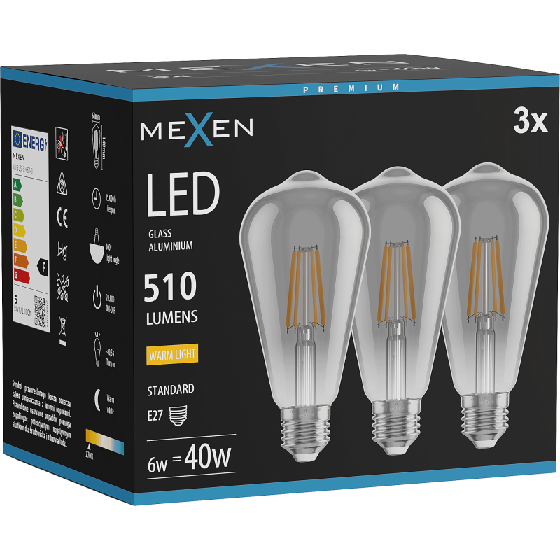Mexen Vintis 3x Filamentová LED žárovka E27, ST64, 6W, Teplá - 2700K, 510 lm, kouřová - L152-E27-0627-70x03