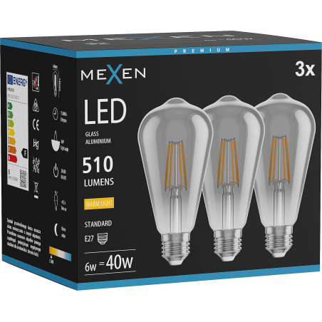 Mexen Vintis 3x Filamentová LED žárovka E27, ST64, 6W, Teplá - 2700K, 510 lm, kouřová - L152-E27-0627-70x03