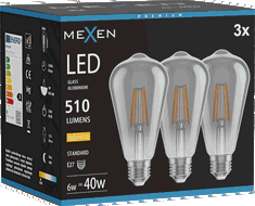 Mexen Vintis 3x Filamentová LED žárovka E27, ST64, 6W, Teplá - 2700K, 510 lm, kouřová - L152-E27-0627-70x03