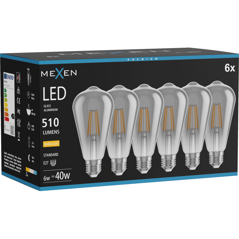 Mexen Vintis 6x žárovka filament LED E27, ST64, 6W, Teplá - 2700K, 510 lm, kouřová - L152-E27-0627-70x06