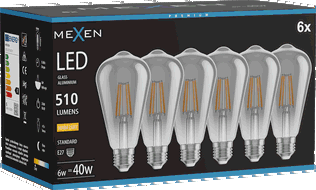 Mexen Vintis 6x žárovka filament LED E27, ST64, 6W, Teplá - 2700K, 510 lm, kouřová - L152-E27-0627-70x06