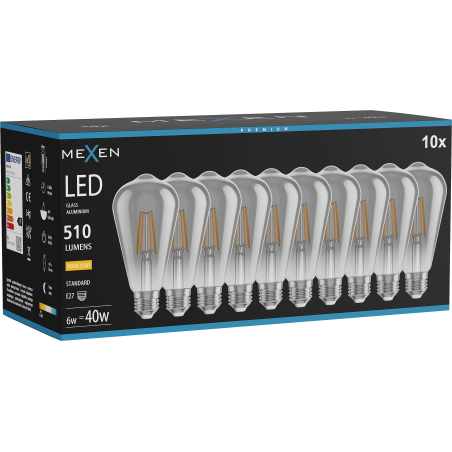 Mexen Vintis 10x Žárovka filament LED E27, ST64, 6W, Teplá - 2700K, 510 lm, kouřová - L152-E27-0627-70x10