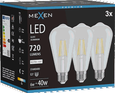 Mexen Vintis 3x žárovka filament LED E27, ST64, 6W, Neutrální - 4000K, 720 lm, čirá - L152-E27-0640-00x03