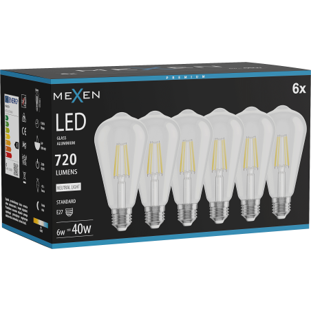Mexen Vintis 6x žárovka filament LED E27, ST64, 6W, Neutrální - 4000K, 720 lm, čirá - L152-E27-0640-00x06
