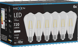 Mexen Vintis 6x žárovka filament LED E27, ST64, 6W, Neutrální - 4000K, 720 lm, čirá - L152-E27-0640-00x06