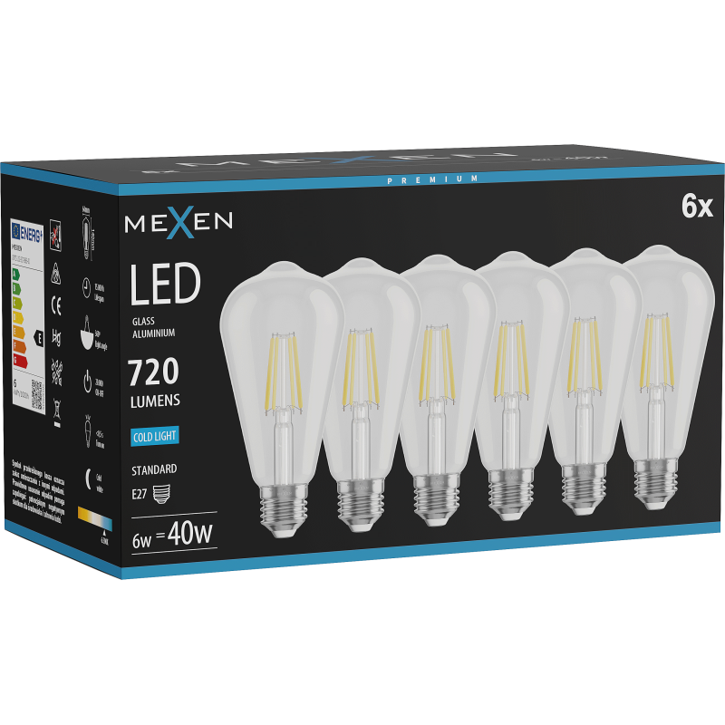 Mexen Vintis 6x žárovka filament LED E27, ST64, 6W, Studená - 6500K, 720 lm, čirá - L152-E27-0665-00x06