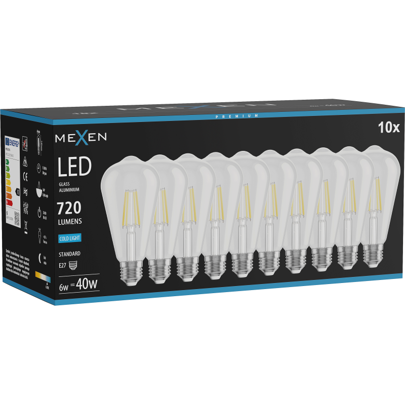 Mexen Vintis 10x LED žárovka vlákno E27, ST64, 6W, Studená - 6500K, 720 lm, čirá - L152-E27-0665-00x10