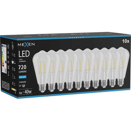 Mexen Vintis 10x LED žárovka vlákno E27, ST64, 6W, Studená - 6500K, 720 lm, čirá - L152-E27-0665-00x10
