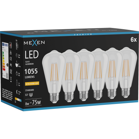 Mexen Vintis 6x LED vláknová žárovka E27, ST64, 8W, Teplá - 2200K, 1055 lm, čirá - L152-E27-0822-00x06
