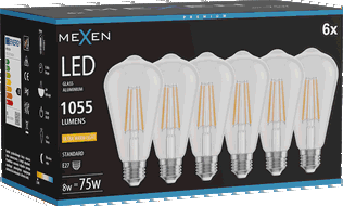 Mexen Vintis 6x LED vláknová žárovka E27, ST64, 8W, Teplá - 2200K, 1055 lm, čirá - L152-E27-0822-00x06