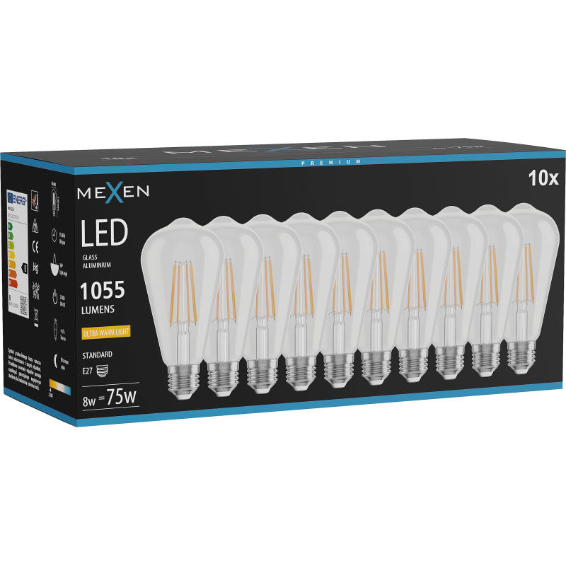 Mexen Vintis 10x žárovka filament LED E27, ST64, 8W, Teplá - 2200K, 1055 lm, clear - L152-E27-0822-00x10