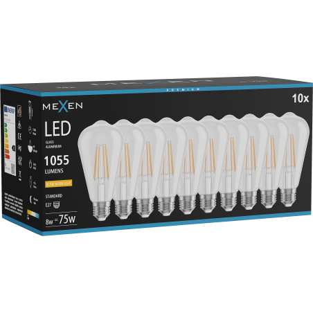 Mexen Vintis 10x žárovka filament LED E27, ST64, 8W, Teplá - 2200K, 1055 lm, clear - L152-E27-0822-00x10