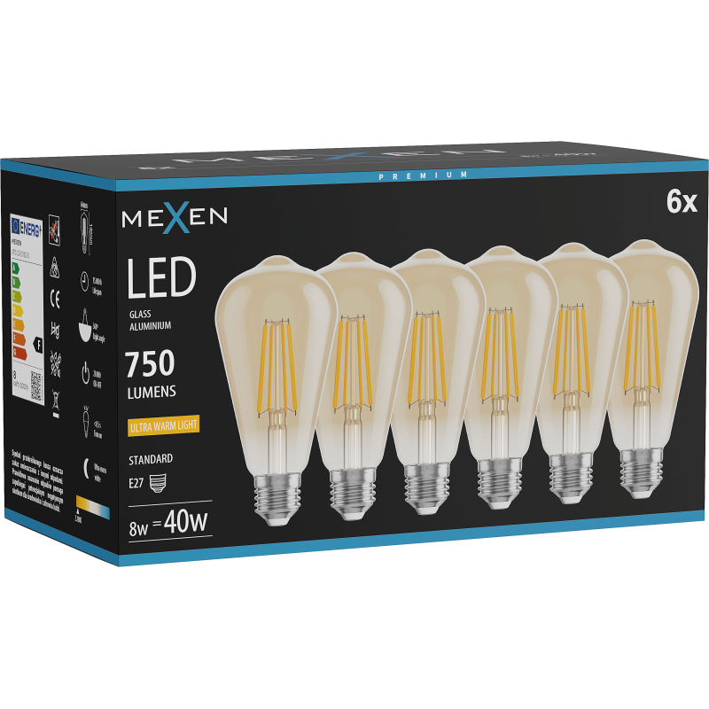 Mexen Vintis 6x Žárovka filament LED E27, ST64, 8W, Teplá - 2200K, 750 lm, jantarová - L152-E27-0822-50x06