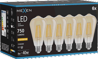 Mexen Vintis 6x Žárovka filament LED E27, ST64, 8W, Teplá - 2200K, 750 lm, jantarová - L152-E27-0822-50x06