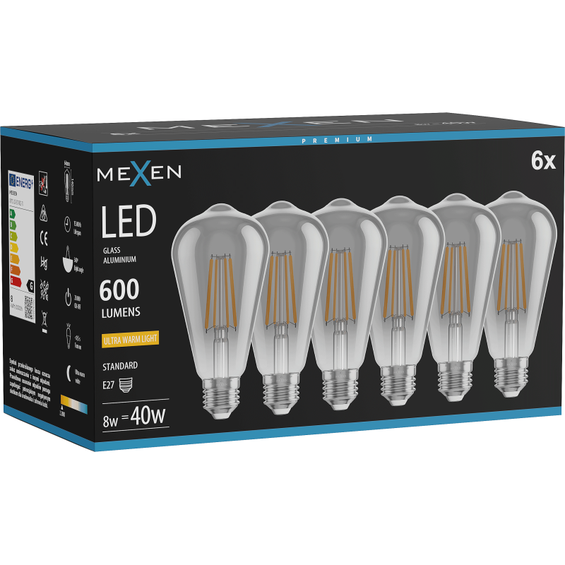 Mexen Vintis 6x filamentová žárovka LED E27, ST64, 8W, Teplá - 2200K, 600 lm, kouřová - L152-E27-0822-70x06