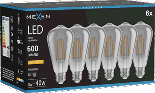 Mexen Vintis 6x filamentová žárovka LED E27, ST64, 8W, Teplá - 2200K, 600 lm, kouřová - L152-E27-0822-70x06