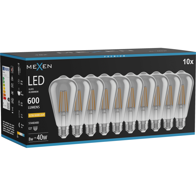 Mexen Vintis 10x LED žárovka s vláknem E27, ST64, 8W, Teplá - 2200K, 600 lm, kouřová - L152-E27-0822-70x10