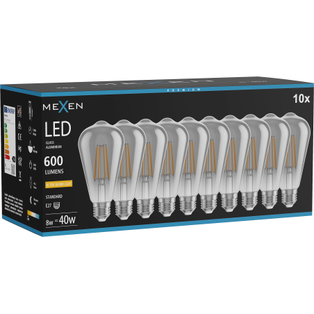 Mexen Vintis 10x LED žárovka s vláknem E27, ST64, 8W, Teplá - 2200K, 600 lm, kouřová - L152-E27-0822-70x10