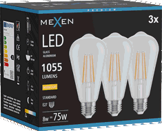 Mexen Vintis 3x Žárovka filament LED E27, ST64, 8W, Teplá - 2700K, 1055 lm, čirá - L152-E27-0827-00x03