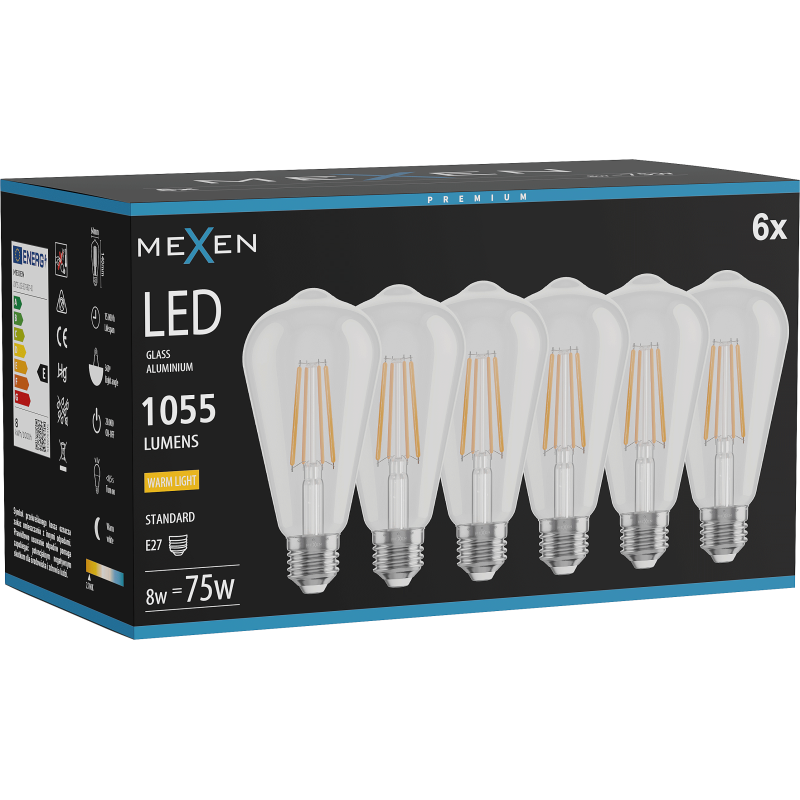 Mexen Vintis 6x LED filamentová žárovka E27, ST64, 8W, Teplá - 2700K, 1055 lm, čirá - L152-E27-0827-00x06