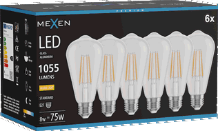 Mexen Vintis 6x LED filamentová žárovka E27, ST64, 8W, Teplá - 2700K, 1055 lm, čirá - L152-E27-0827-00x06