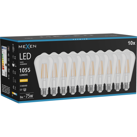 Mexen Vintis 10x Žárovka filament LED E27, ST64, 8W, Teplá - 2700K, 1055 lm, čirá - L152-E27-0827-00x10