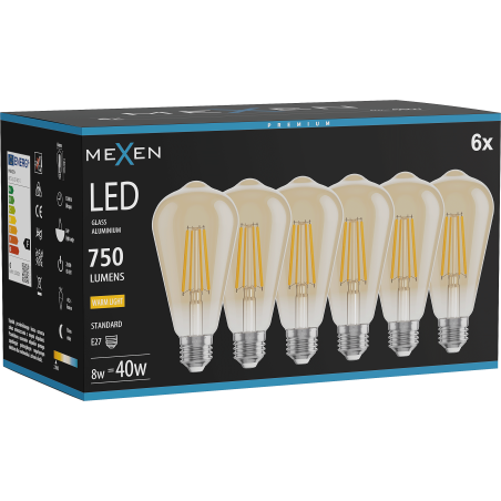 Mexen Vintis 6x žárovka filament LED E27, ST64, 8W, Teplá - 2700K, 750 lm, jantarová - L152-E27-0827-50x06