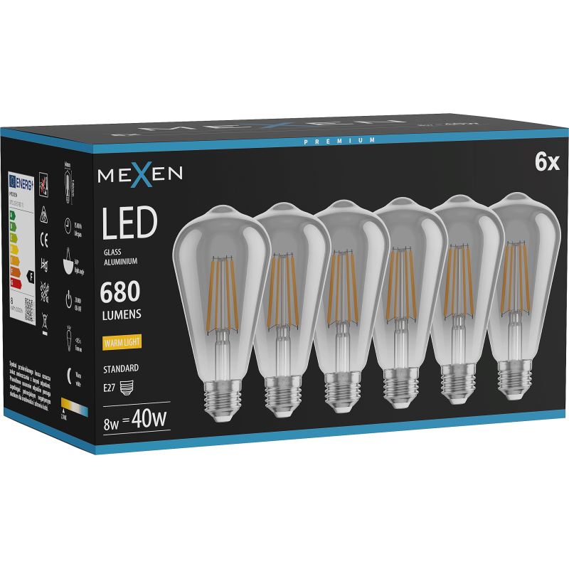 Mexen Vintis 6x žárovka filament LED E27, ST64, 8W, Teplá - 2700K, 680 lm, kouřová - L152-E27-0827-70x06