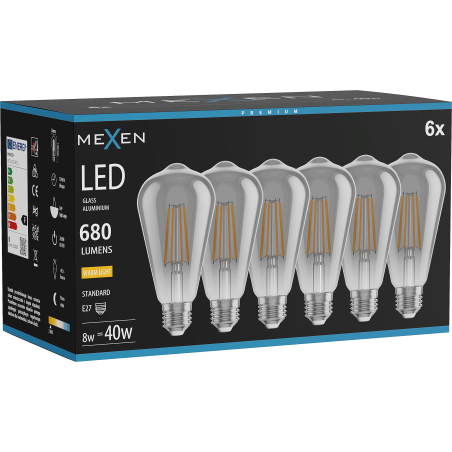Mexen Vintis 6x žárovka filament LED E27, ST64, 8W, Teplá - 2700K, 680 lm, kouřová - L152-E27-0827-70x06