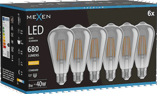 Mexen Vintis 6x žárovka filament LED E27, ST64, 8W, Teplá - 2700K, 680 lm, kouřová - L152-E27-0827-70x06