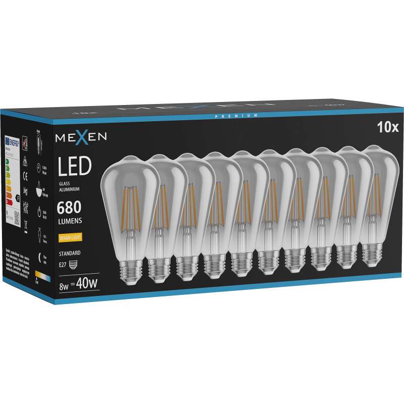 Mexen Vintis 10x žárovka filament LED E27, ST64, 8W, Teplá - 2700K, 680 lm, kouřová - L152-E27-0827-70x10