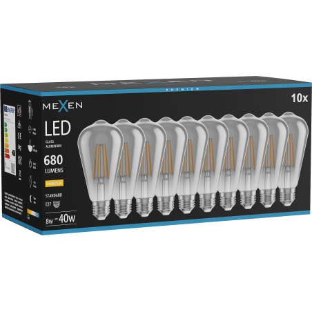 Mexen Vintis 10x žárovka filament LED E27, ST64, 8W, Teplá - 2700K, 680 lm, kouřová - L152-E27-0827-70x10