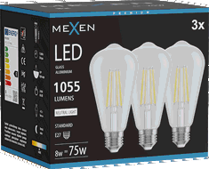 Mexen Vintis 3x LED filamentová žárovka E27, ST64, 8W, Neutrální - 4000K, 1055 lm, čirá - L152-E27-0840-00x03