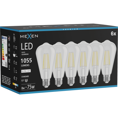 Mexen Vintis 6x Žárovka filament LED E27, ST64, 8W, Neutrální - 4000K, 1055 lm, čirý - L152-E27-0840-00x06