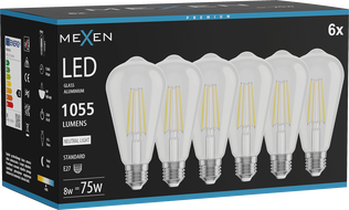 Mexen Vintis 6x Žárovka filament LED E27, ST64, 8W, Neutrální - 4000K, 1055 lm, čirý - L152-E27-0840-00x06