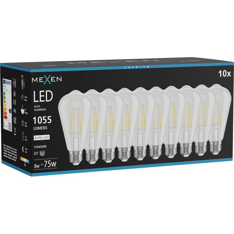 Mexen Vintis 10x žárovka filament LED E27, ST64, 8W, Neutrální - 4000K, 1055 lm, čirá - L152-E27-0840-00x10