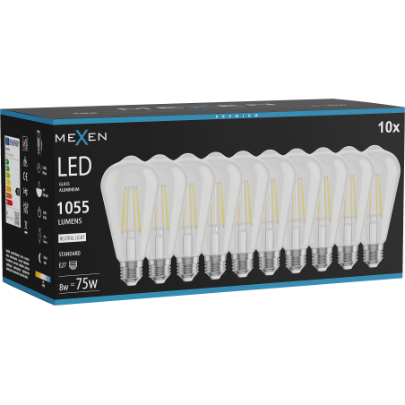 Mexen Vintis 10x žárovka filament LED E27, ST64, 8W, Neutrální - 4000K, 1055 lm, čirá - L152-E27-0840-00x10