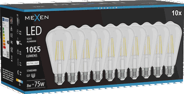 Mexen Vintis 10x žárovka filament LED E27, ST64, 8W, Neutrální - 4000K, 1055 lm, čirá - L152-E27-0840-00x10