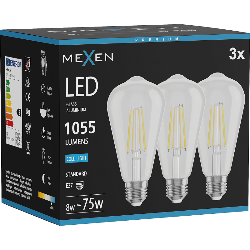 Mexen Vintis 3x Žárovka filament LED E27, ST64, 8W, Studená - 6500K, 1055 lm, čirá - L152-E27-0865-00x03