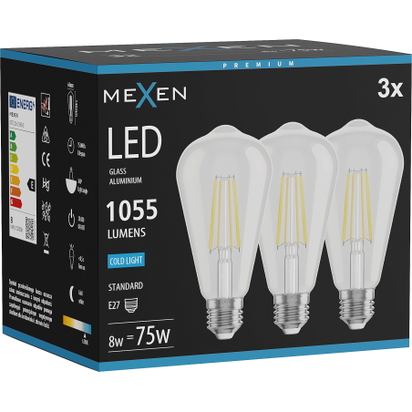 Mexen Vintis 3x Žárovka filament LED E27, ST64, 8W, Studená - 6500K, 1055 lm, čirá - L152-E27-0865-00x03