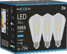 Mexen Vintis 3x Žárovka filament LED E27, ST64, 8W, Studená - 6500K, 1055 lm, čirá - L152-E27-0865-00x03